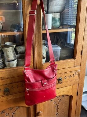 Roots Red Leather Crossbody Bag with Adjustable Strap